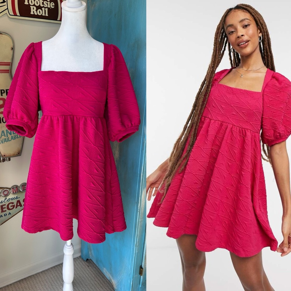 Free People Pink Violet Textured Puff Sleeve Square Neck Babydoll Mini Dress